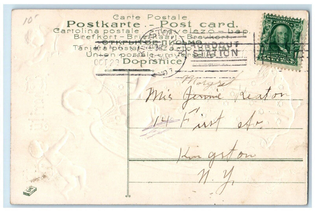 c1910's Valentine Cupid Angels Heart Kingston New York NY Embossed Postcard