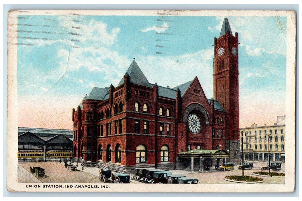 1920 Union Station Exterior Building Classic Cars  Indianapolis Indiana Postcard