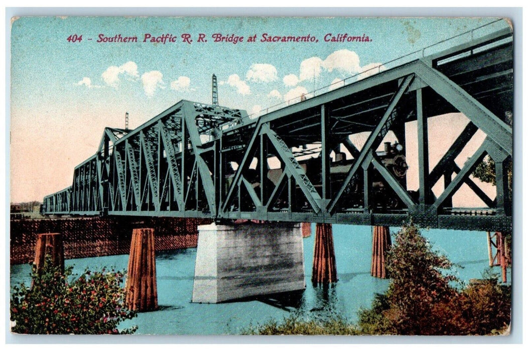 c1910 Southern Pacific Railroad Bridge Locomotive Sacramento California Postcard