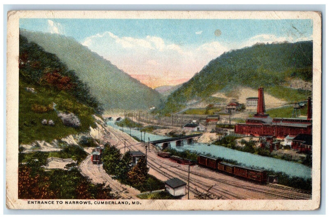 1920 Entrance Narrows Train Station Railroad Bridge Cumberland Maryland Postcard