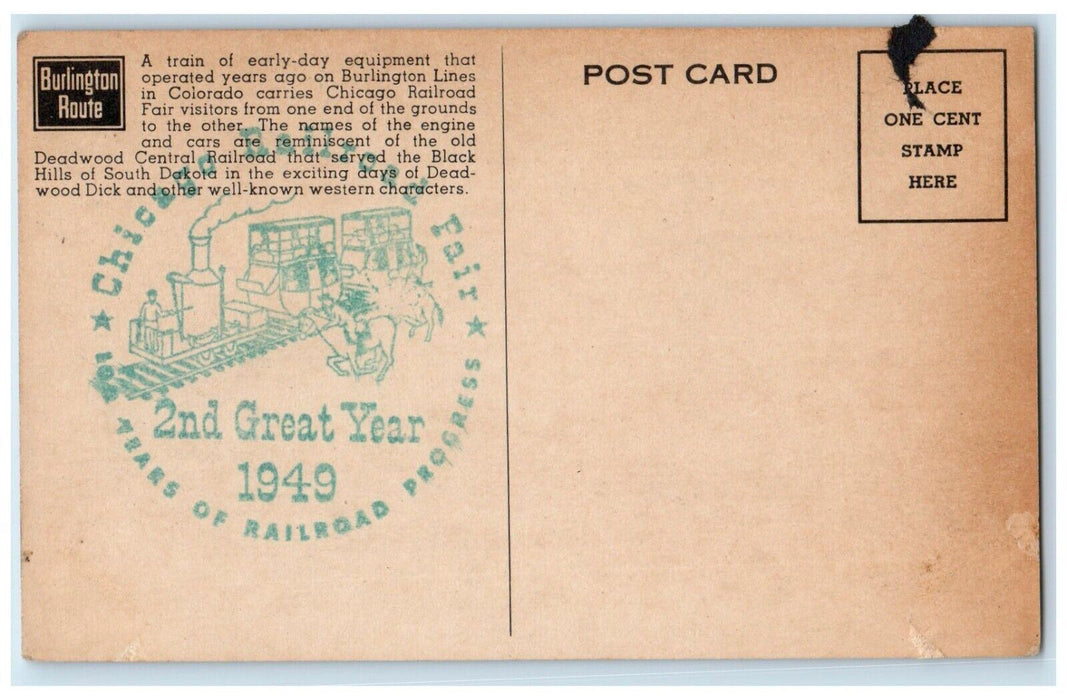 1949 Narrow Gauge Deadwood Central Train Chicago Railroad Fair Illinois Postcard