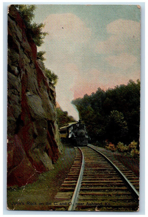 1921 John's Rock C and O Near Locomotive Train Ashland Kentucky Vintage Postcard