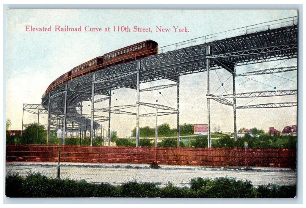 c1910 Elevated Railroad Curve 110th Street Train Bridge Street New York Postcard