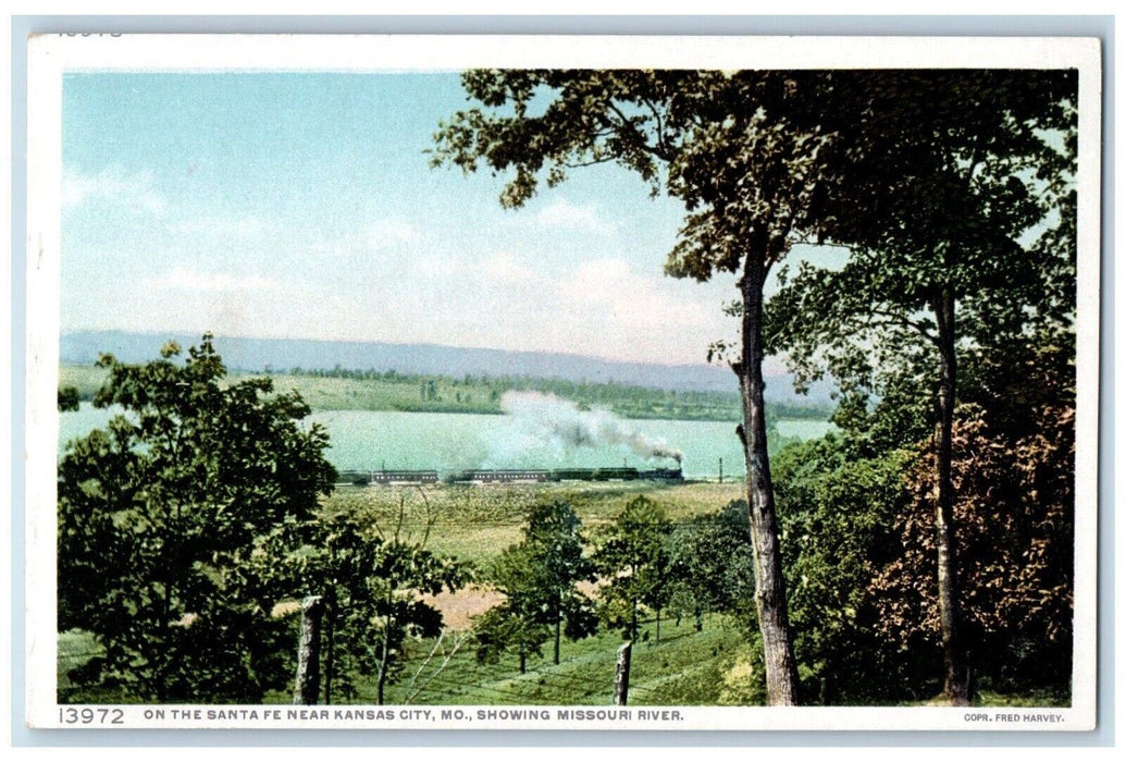 c1910 Santa Fe Kansas City Locomotive Train Missouri River Fred Harvey Postcard