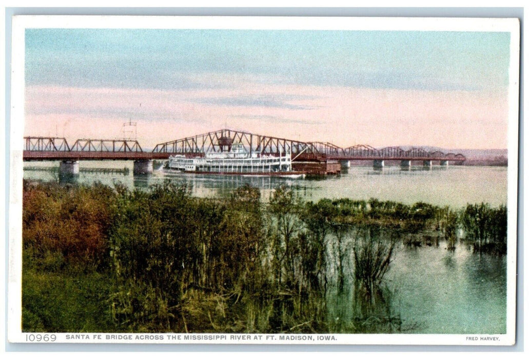 c1910 Santa Fe Bridge Mississippi River Madison Trains Iowa Fred Harvey Postcard