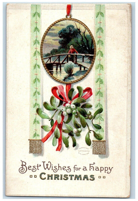 1909 Christmas Mistletoe Boy At The Bridge Embossed Posted Antique Postcard