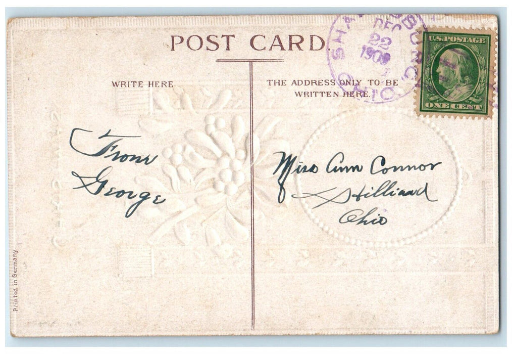 1909 Christmas Mistletoe Boy At The Bridge Embossed Posted Antique Postcard