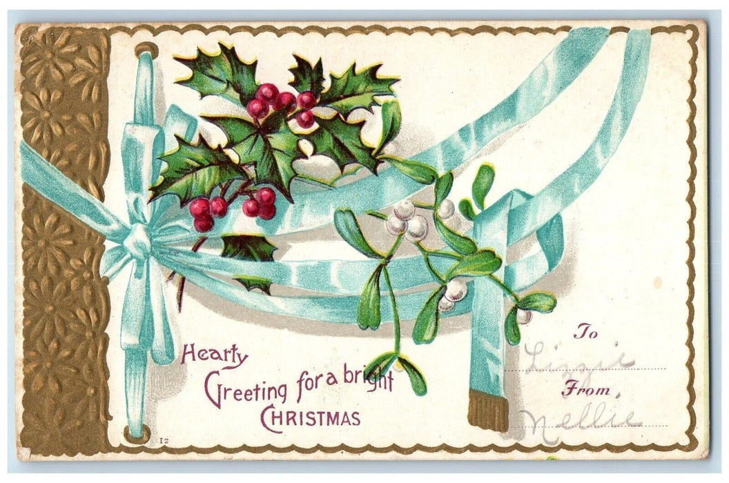 1907 Christmas Greetings Holly Berries Mistletoe Ribbon Clapsaddle Postcard