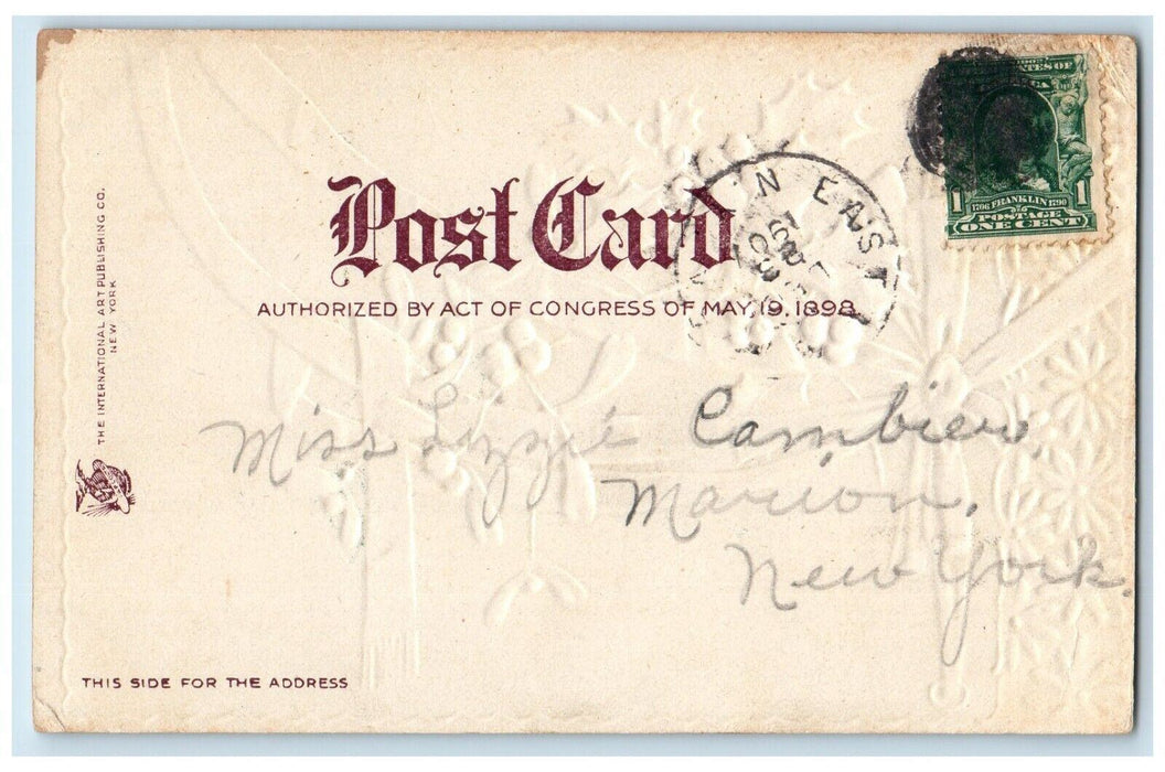 1907 Christmas Greetings Holly Berries Mistletoe Ribbon Clapsaddle Postcard