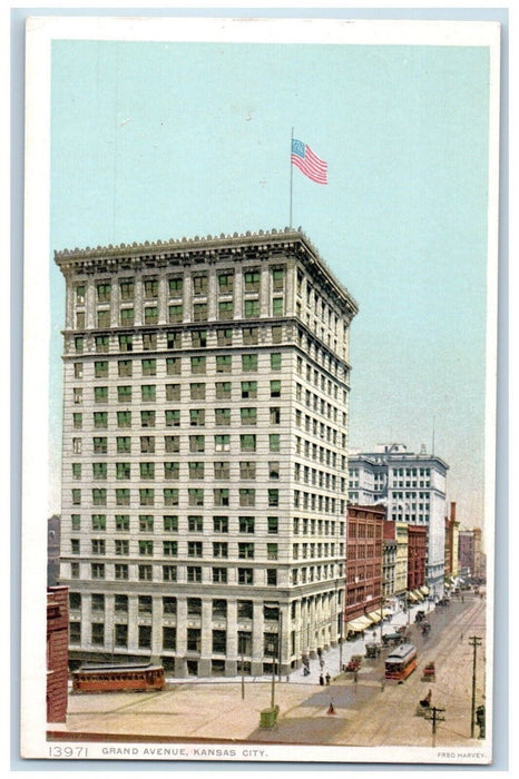 c1920 Grand Avenue Business Street Kansas City Missouri MO Fred Harvey Postcard