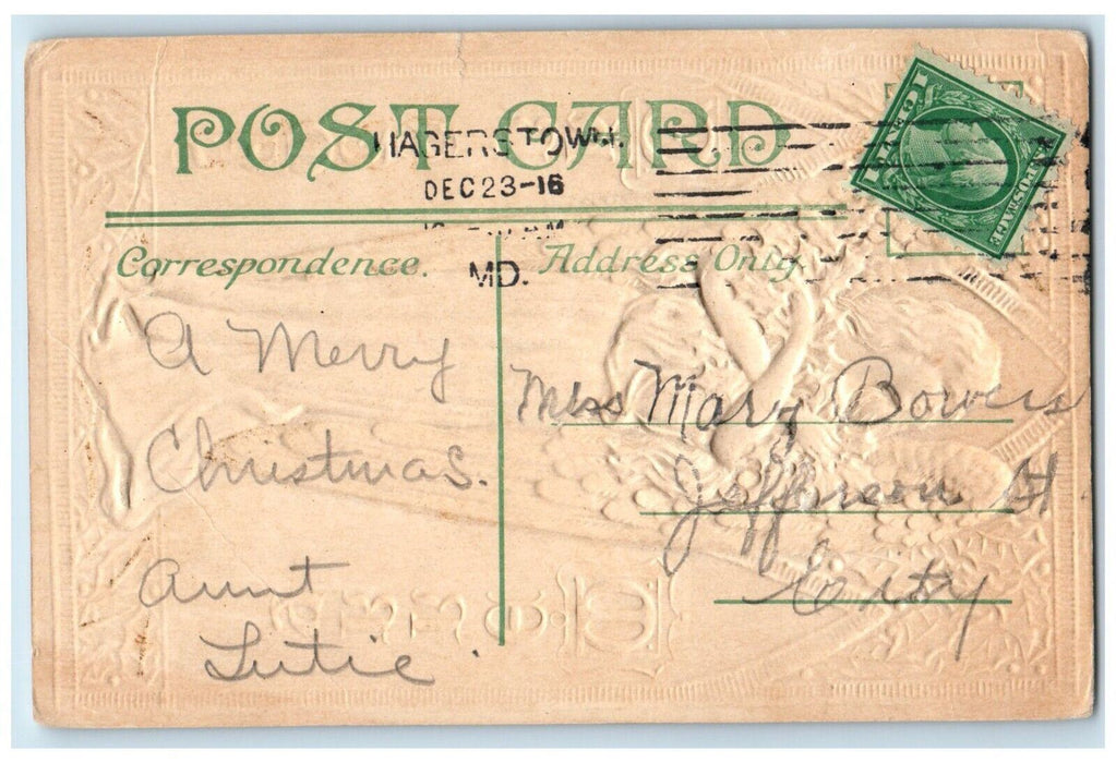 1916 Merry Christmas Angel Hagerstown Maryland MD Embossed Antique Postcard