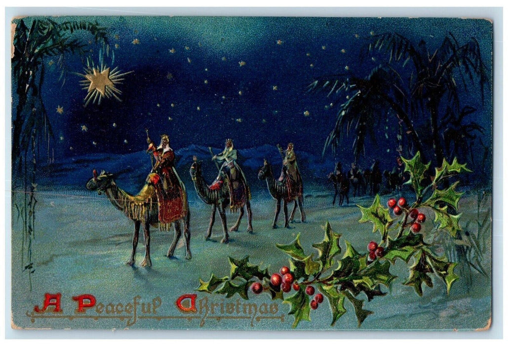 1908 Christmas Camel Shepherd Holly Berries Stars Tuck's Oakland CA Postcard