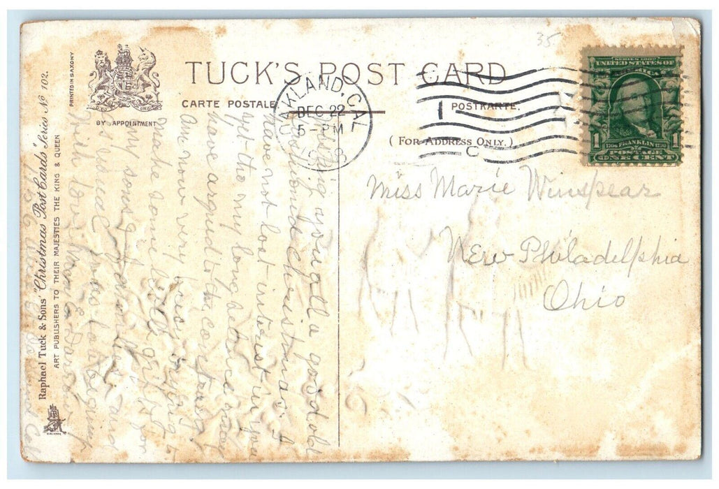 1908 Christmas Camel Shepherd Holly Berries Stars Tuck's Oakland CA Postcard