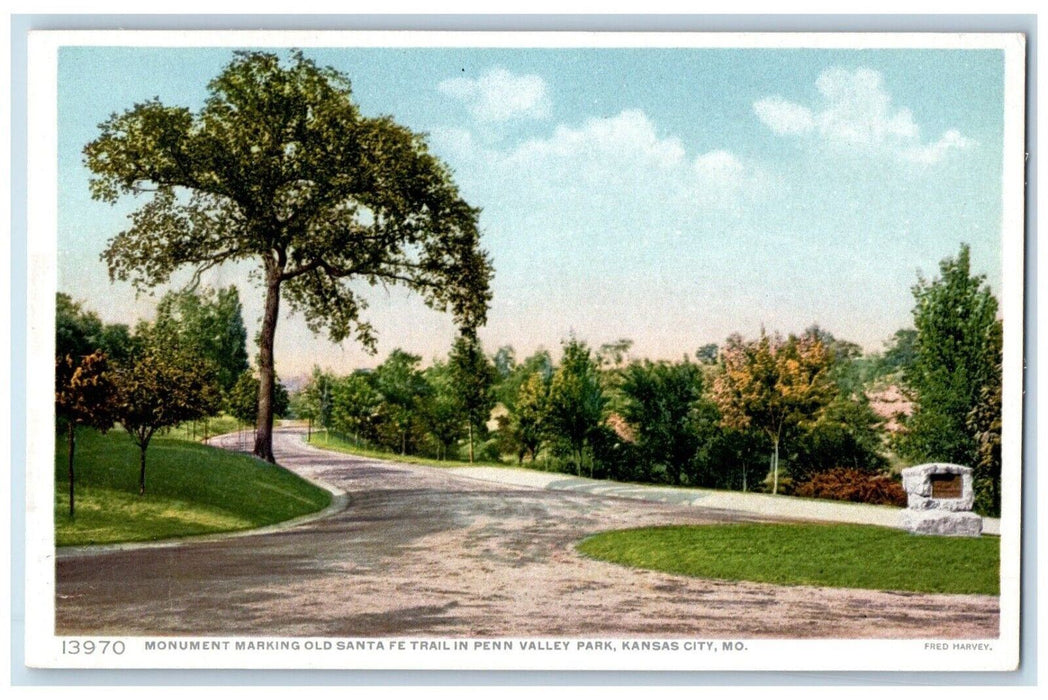c1920 Monument Marking Old Santa Fe Trail Penn Valley Park Kansas City Postcard
