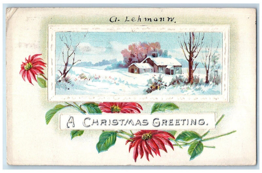 Christmas Greeting Poinsettia Flowers House Winter Embossed Chicago IL Postcard