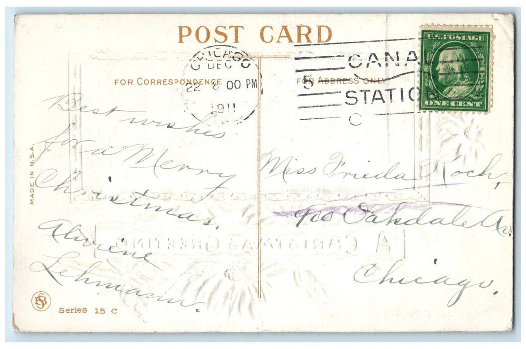 Christmas Greeting Poinsettia Flowers House Winter Embossed Chicago IL Postcard