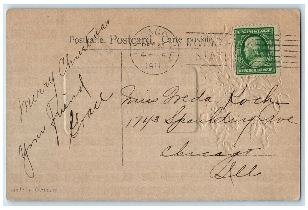 1911 Christmas Greeting Holly Berries In Basket Embossed Chicago IL Postcard