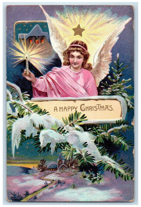 1910 Christmas Angel With Candle Light Pine Leaf Winter Embossed Tuck's Postcard