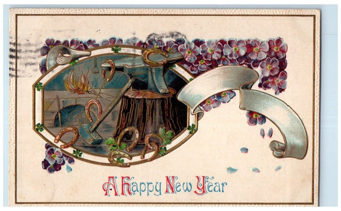 1909 New Year Black Smith Horsehoe Anvil Pansies Flowers Embossed Postcard