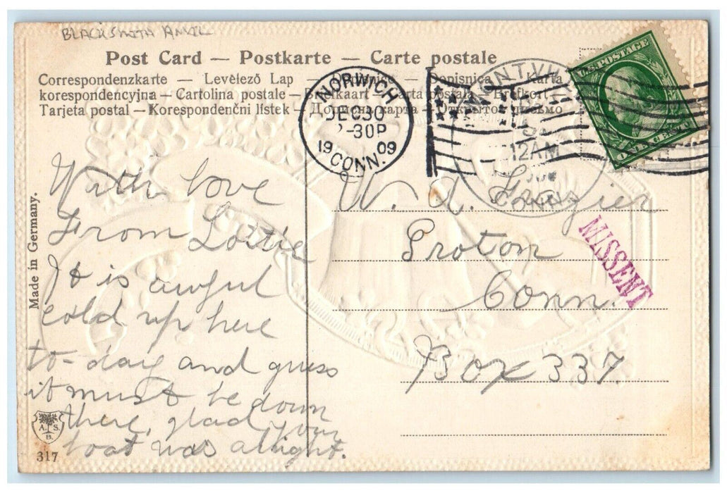 1909 New Year Black Smith Horsehoe Anvil Pansies Flowers Embossed Postcard