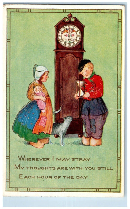 1917 Dutch Children Hourglass Cat Clock Embossed Holyoke MA Antique Postcard