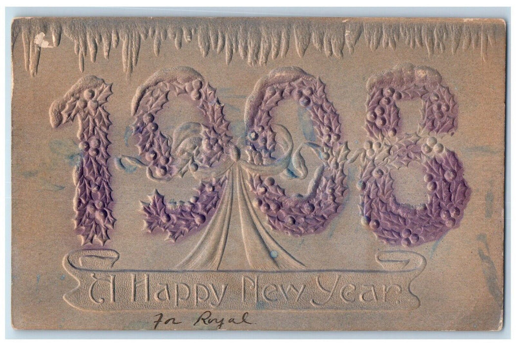 1906 Happy New Year Holly Berries Winter Large Letter Embossed Antique Postcard