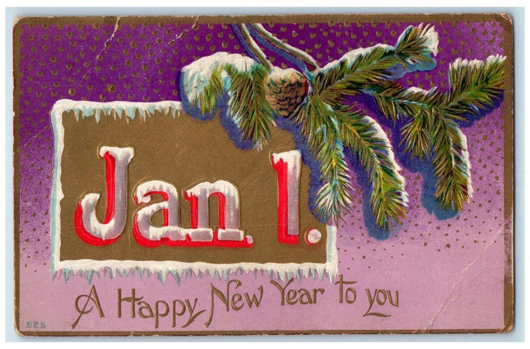 c1910's New Year Jan. 1 Pine Cone Winter Embossed Posted Antique Postcard