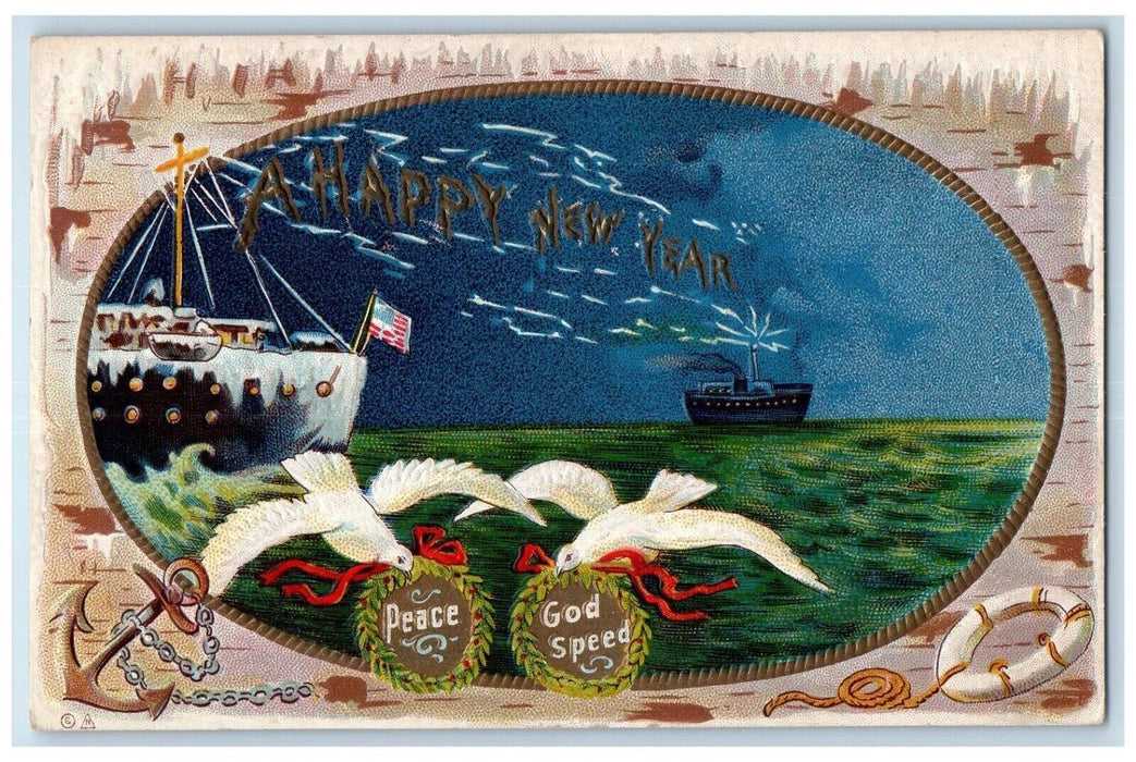 c1910's Happy New Year Dove Whreat Steamer Boat Anchor Embossed Posted Postcard