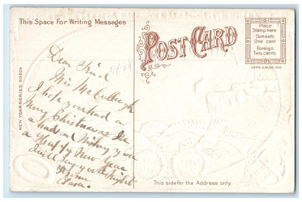 c1910's Happy New Year Dove Whreat Steamer Boat Anchor Embossed Posted Postcard