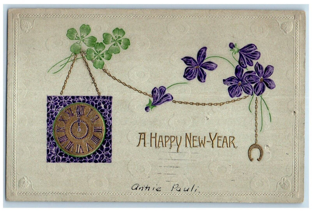 1912 New Year Hanging Clock Pansies Flowers Clover Horsehoe Chicago IL Postcard