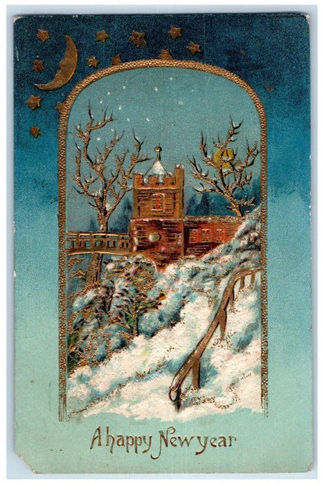 1910 New Year Winter House And Trees Crescent Moon Stars Embossed Postcard