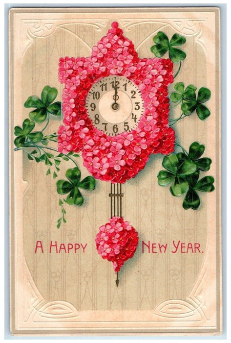 c1910's New Year Pansies Flowers Clock Shamrock Embossed Posted Antique Postcard
