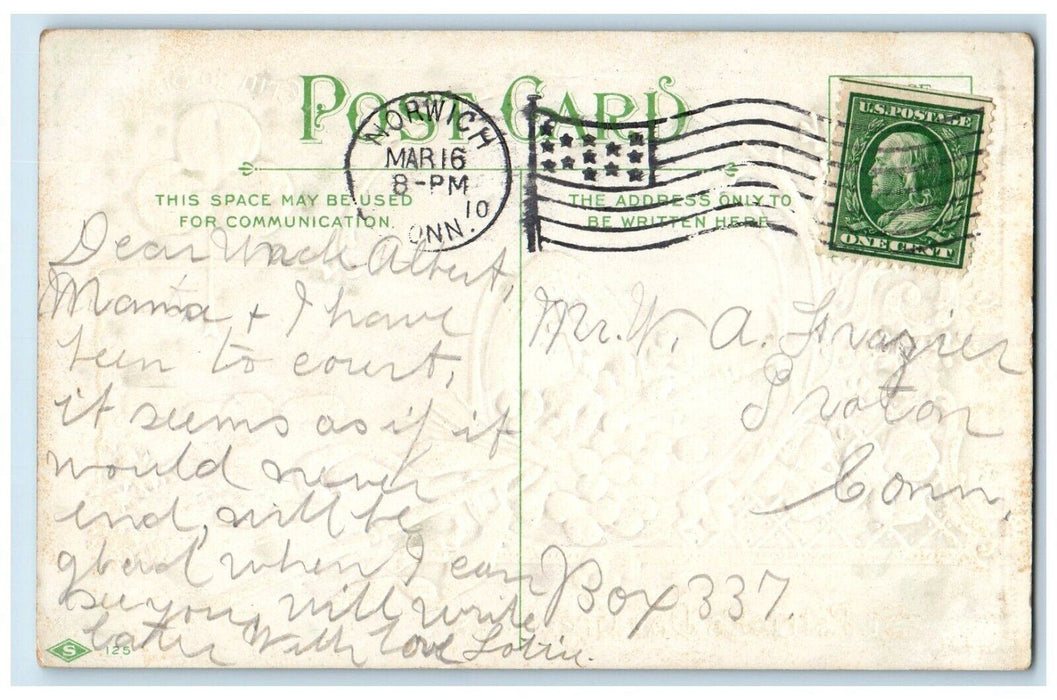 St. Patrick's Day Greetings Cross Clover Pansies Flowers Norwich CT Postcard