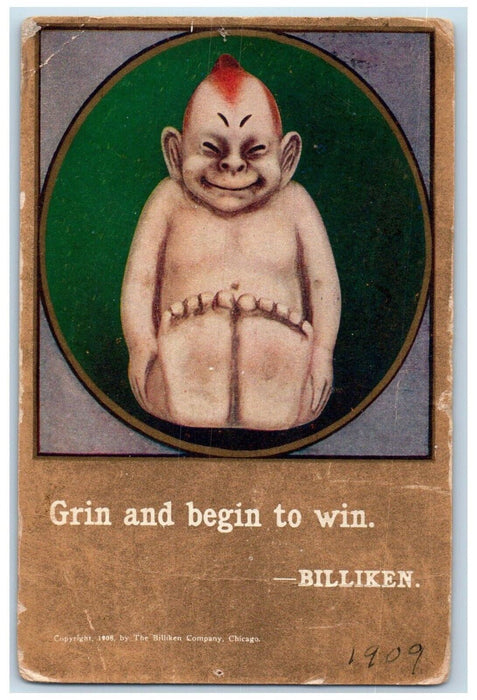 1909 Grin And Begin To Win Billiken Jacksonville Florida FL Antique Postcard