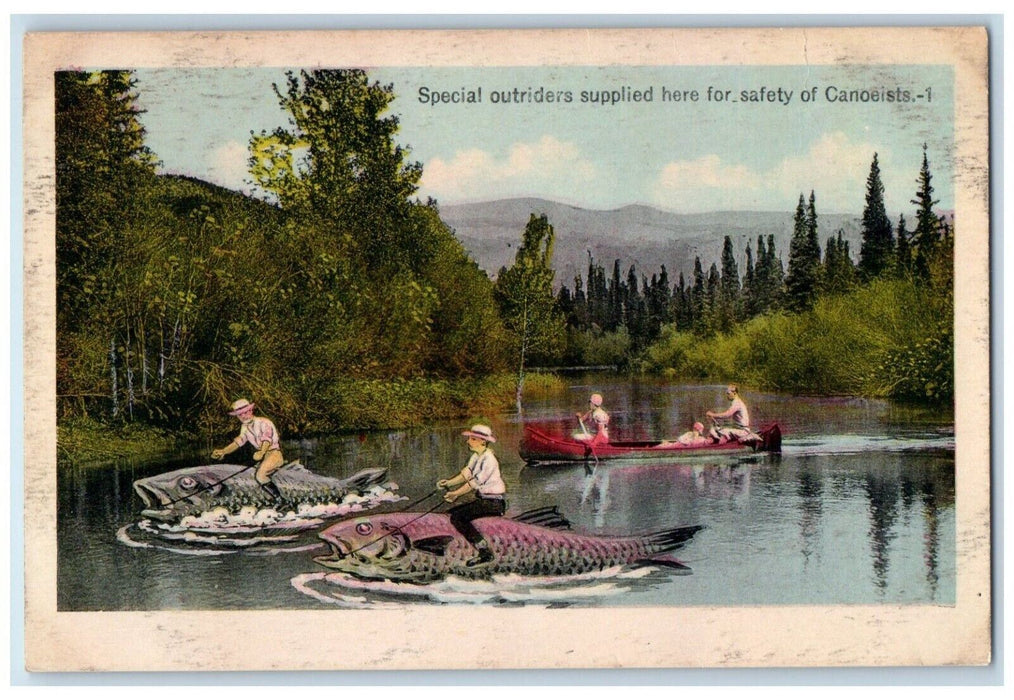 Special Outriders Supplied Safety Canoeist Exaggerated Fish Boat Posted Postcard