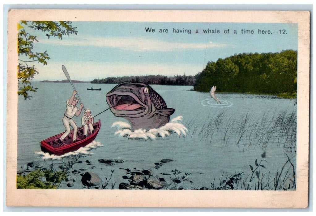 c1930's Fisherman Boat Cached Exaggerated Fish Boat Unposted Vintage Postcard