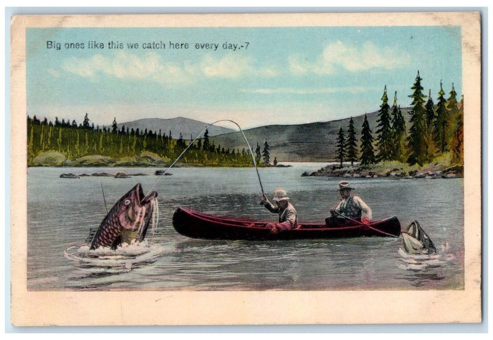 c1930's Fisherman Canoe Boat Cached Exaggerated Fishes Boat Vintage Postcard