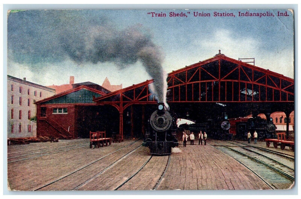 1910 Train Sheds Union Station Locomotive Train Indianapolis Indiana IN Postcard