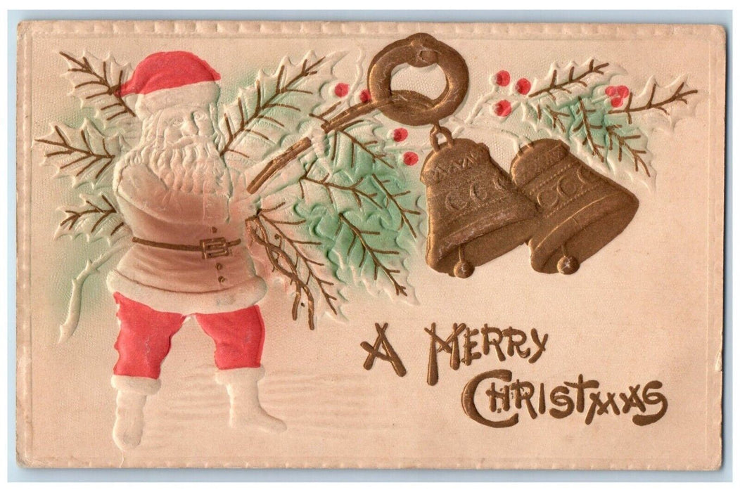 c1910's Christmas Santa Claus Ringing Bells Holly Berries Airbrushed Postcard