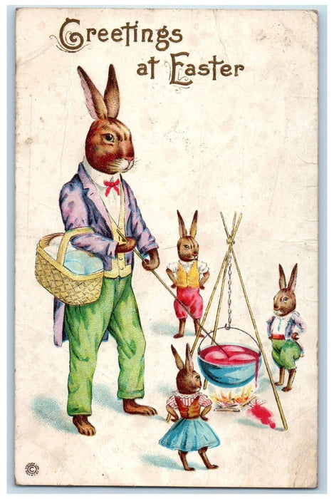 c1910's Easter Greetings Anthropomorphic Rabbit Cooking Embossed Posted Postcard