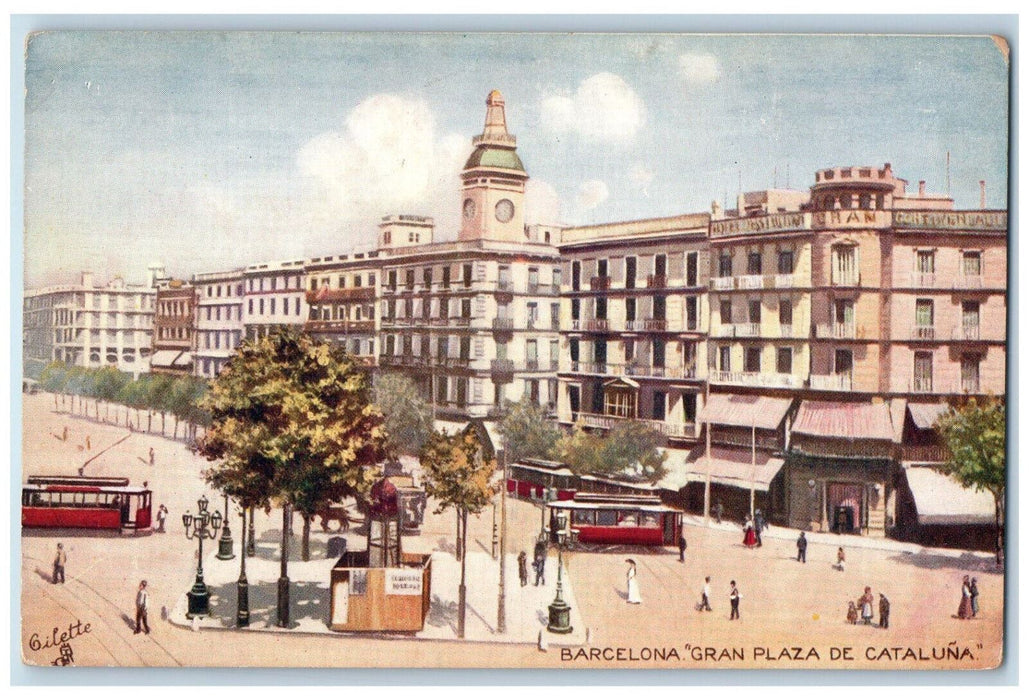 c1910 "Gran Plaza De Cataluna" Barcelona Spain Oilette Tuck Art Postcard