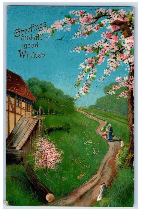 1909 Wishes Greetings Cherry Blossom Tree Gel Gold Gilt Embossed Postcard