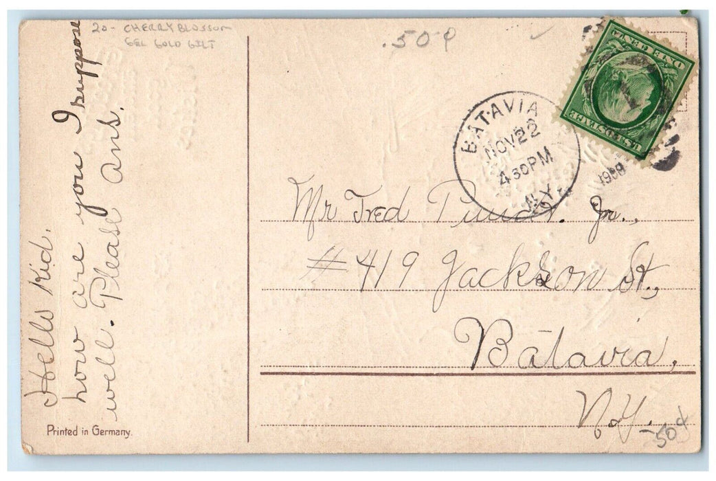 1909 Wishes Greetings Cherry Blossom Tree Gel Gold Gilt Embossed Postcard