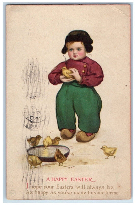 1917 Happy Easter Dutch Boy Chicks Drinking Water Hartford CT Antique Postcard