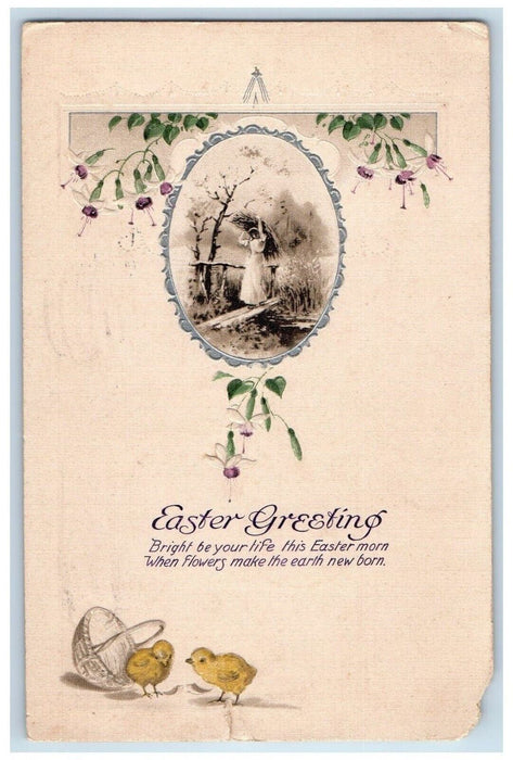 1915 Easter Greeting Flowers And Chicks Basket Embossed Providence RI Postcard