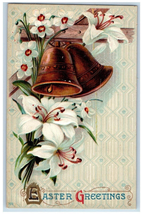 1911 Easter Greetings Ringing Bells Lily Flowers Embossed Antique Postcard