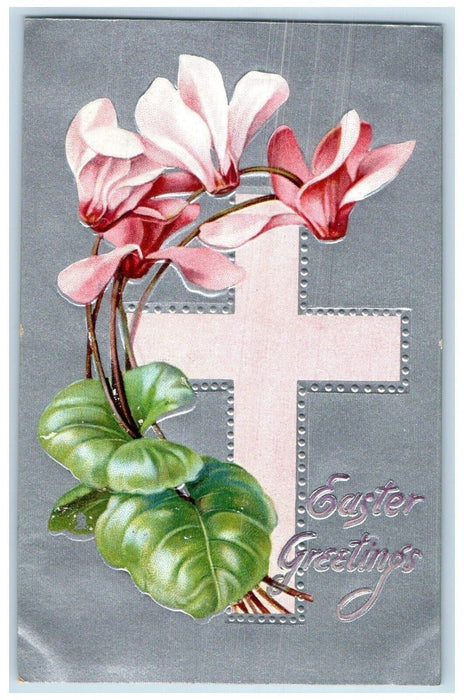 c1910's Easter Greetings Silver Cross Flowers Embossed Tuck's Antique Postcard