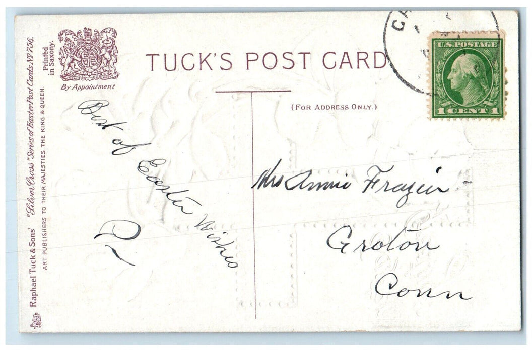 c1910's Easter Greetings Silver Cross Flowers Embossed Tuck's Antique Postcard