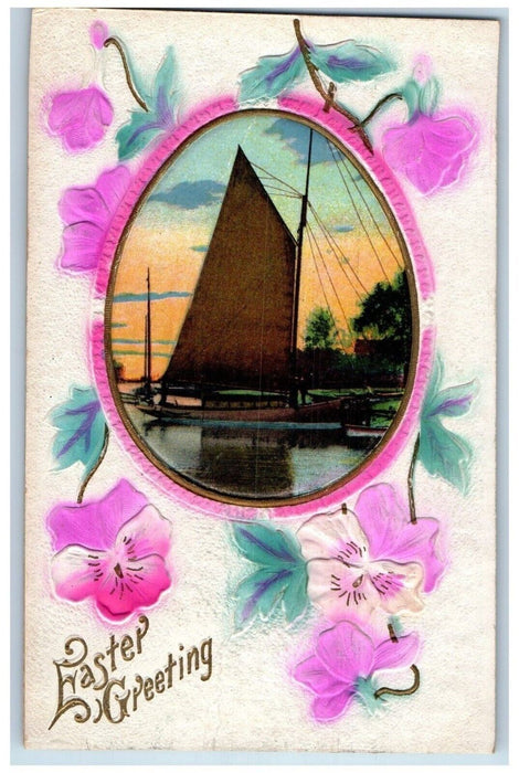 1913 Easter Greeting Egg Flowers Sailboat Airbrushed Embossed Groton CT Postcard