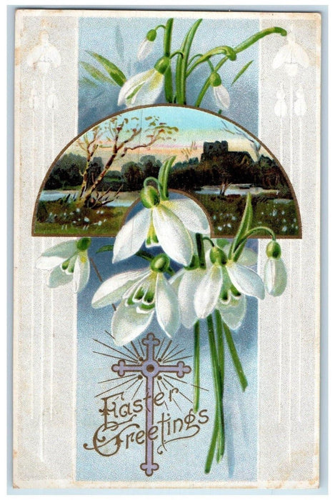 1912 Easter Greetings Flowers River And Trees View Embossed Antique Postcard